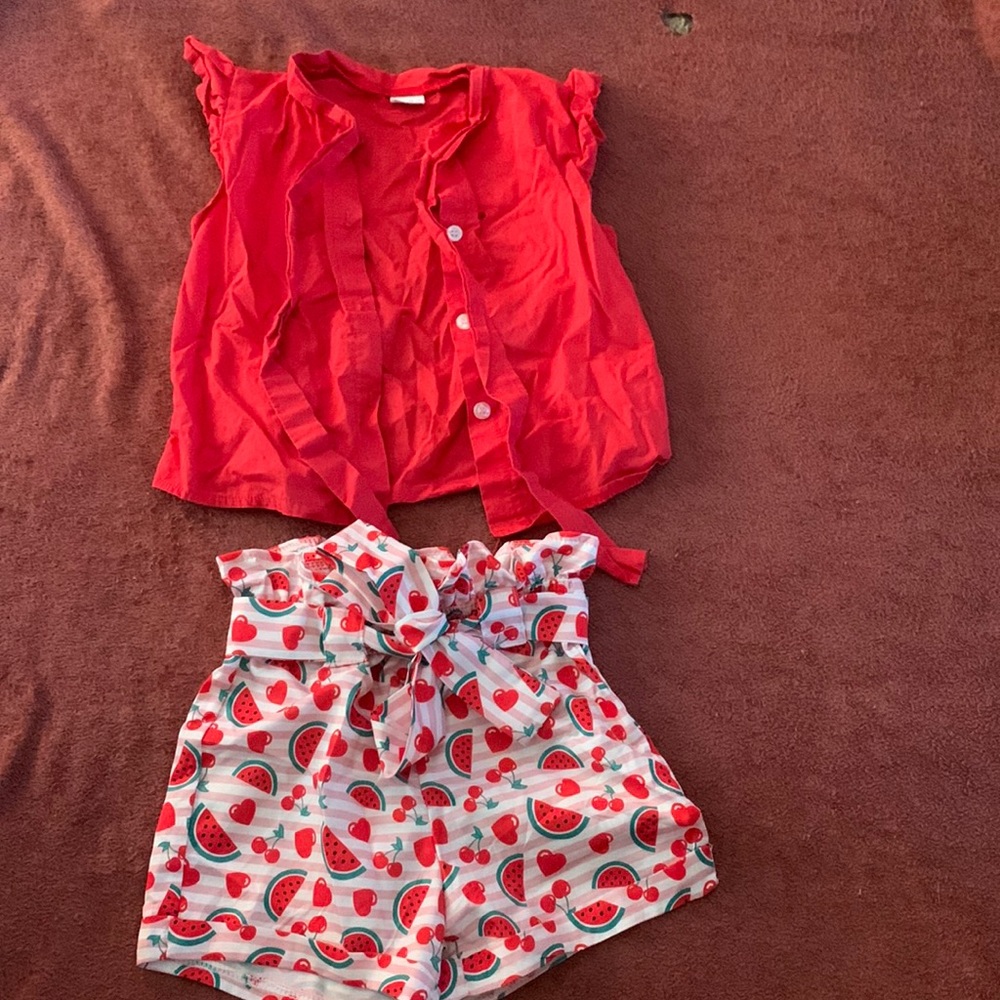 Watermelon shorts with belt and red button up top